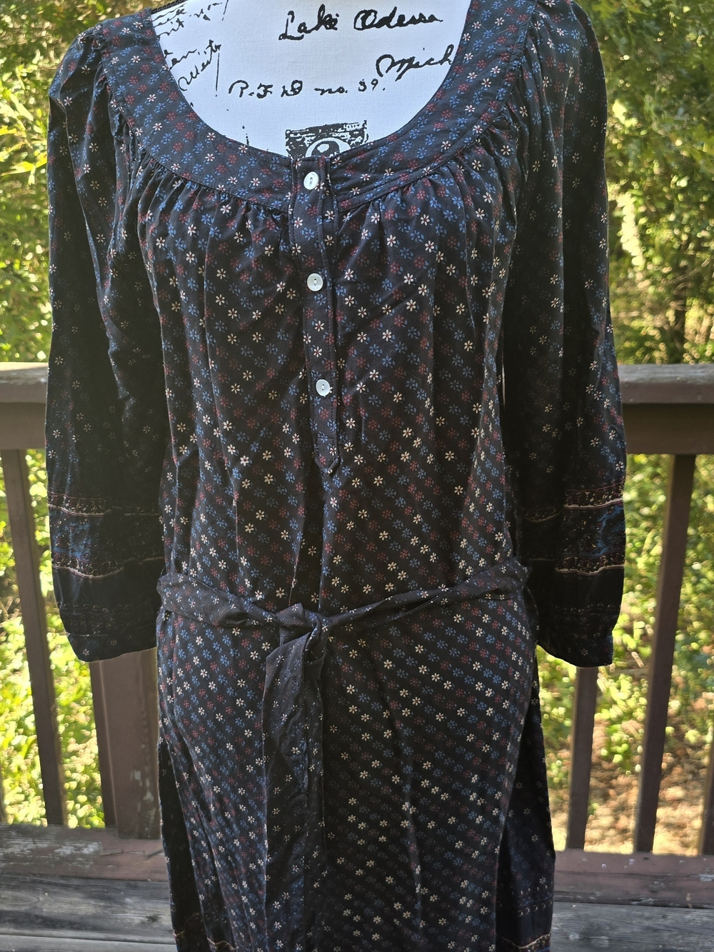 Lucky Brand Black Floral Midi Dress with Tie Waist
